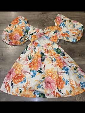 Buddy Love Floral Puff-Sleeve Dress - Cream with Orange & Pink Blooms Small